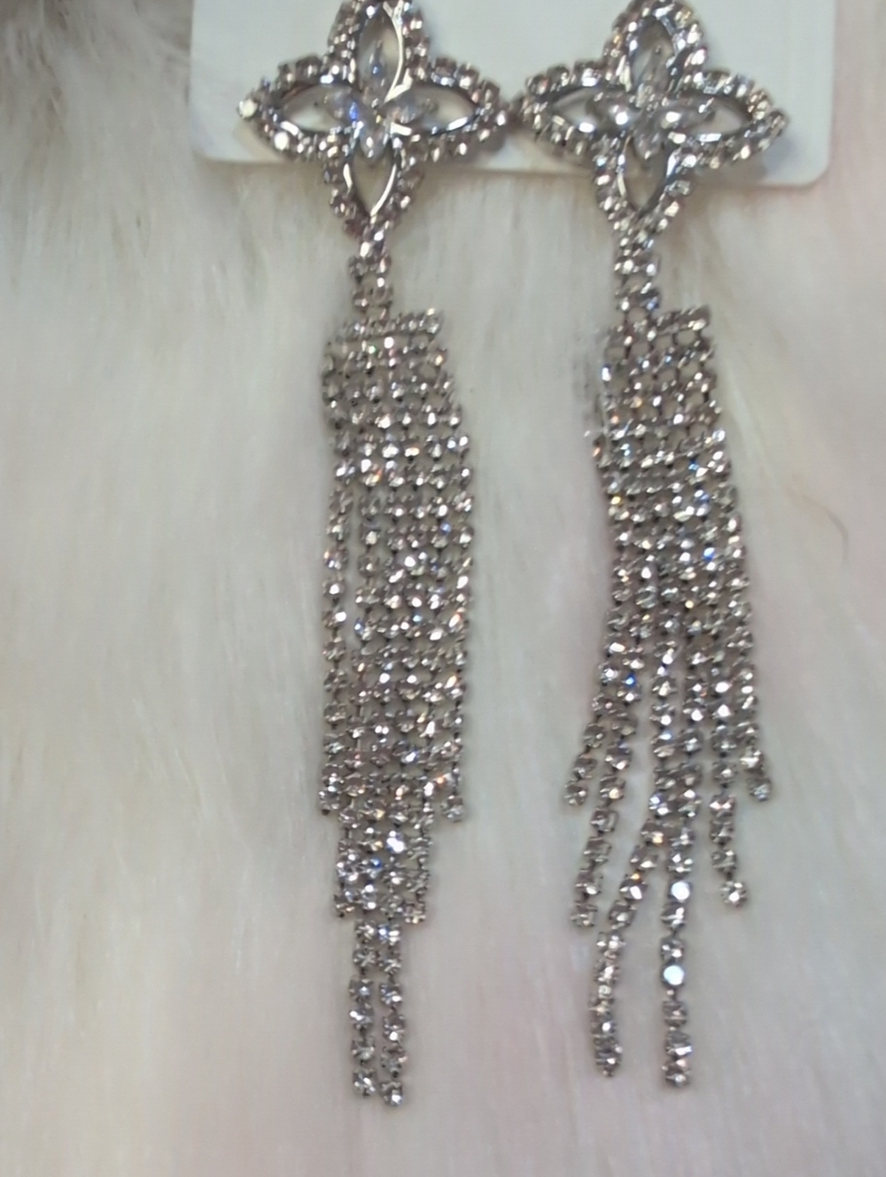 Silver Crystal Tassel Pierced Drop Earrings